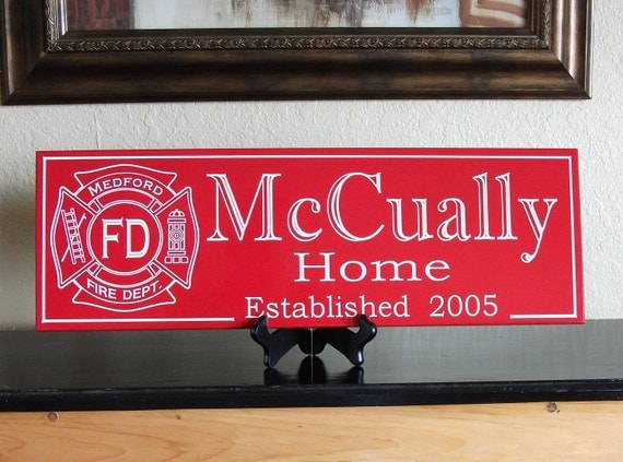 Police and Fire Department Emblem Personalized Family and Anniversary Name Sign Plaque with Crest