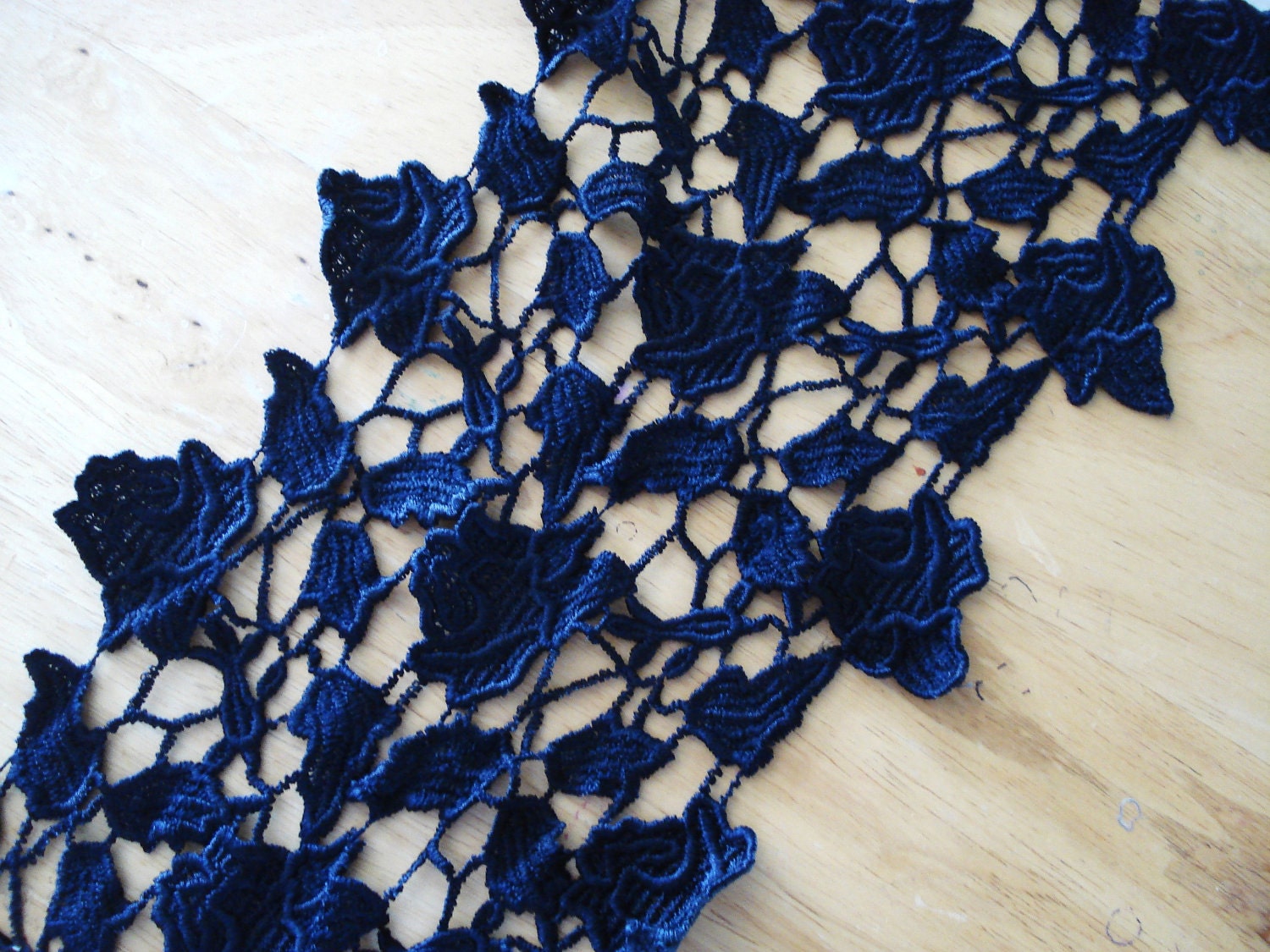 Venice Lace Embroidery Trim Fabric 12 Inches Long 9 Inches Wide In Navy Blue Color.