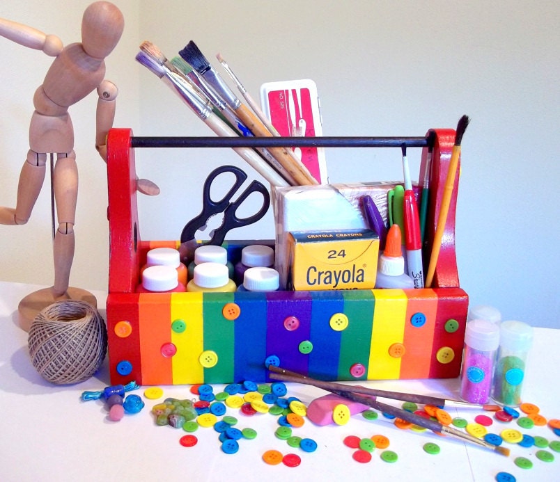 rainbow striped upcycled toolbox-- store art supplies, skittles, whatever your heart desires...