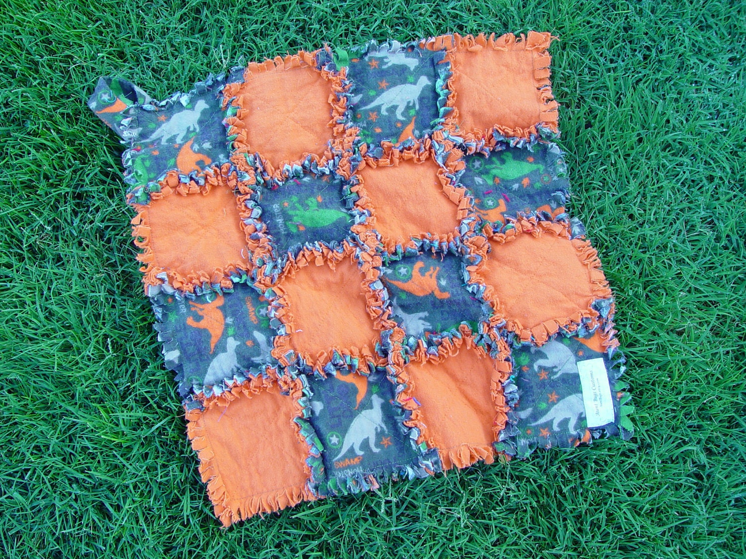 Dinosaurs in Orange and Green Security Blanket Ragged Quilts - Ready to Ship