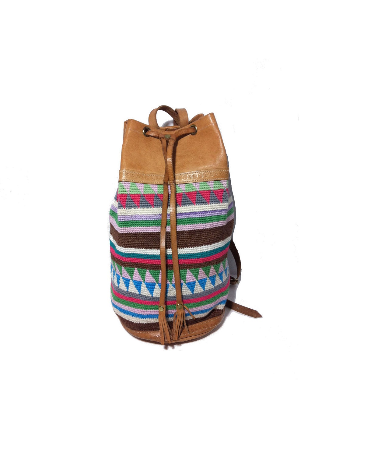 Vintage Southwestern Leather Draw String Bucket Backpack