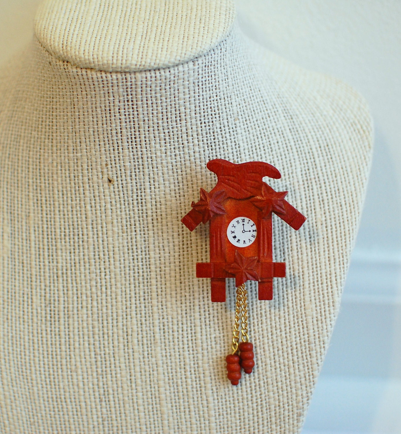 wood cuckoo clock brooch - clock miniature - silver pin