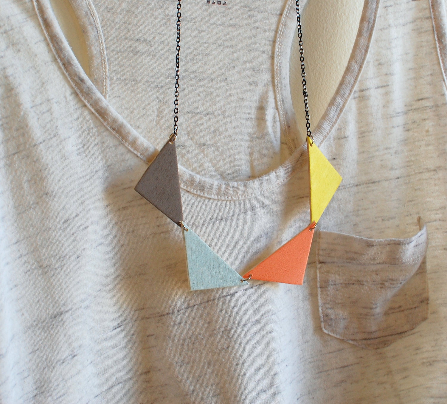 wood bunting statement necklace - coral, grey, yellow, light blue