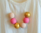 gold and pink wood bead necklace - statement necklace - modern