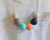 painted wood bead statement necklace - grey, navy, coral, turquoise