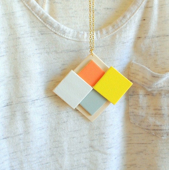 geometric wood diamond necklace - yellow coral blue white - modern necklace