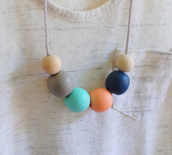 painted wood bead statement necklace - grey, navy, coral, turquoise