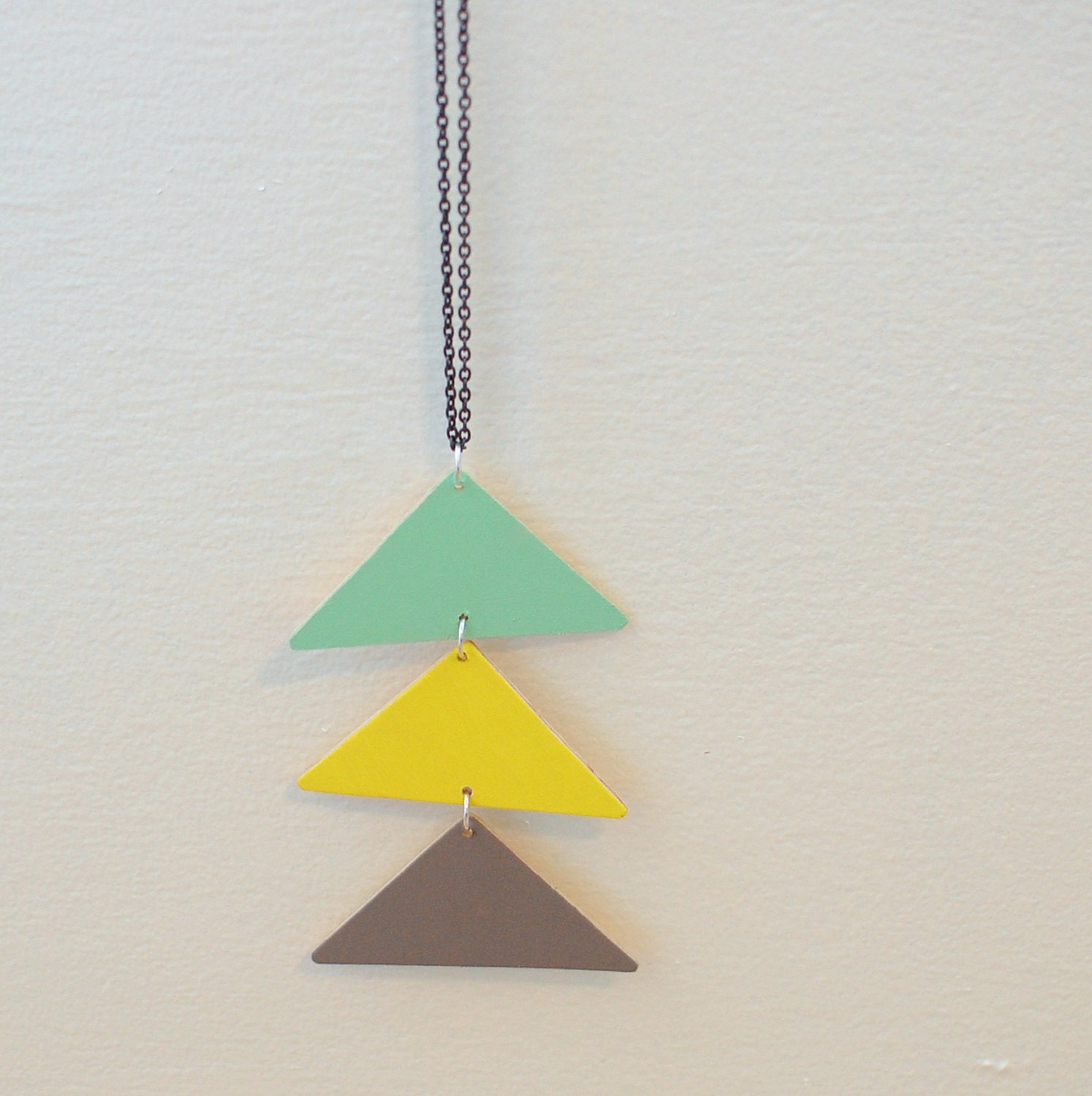 triangles necklace - mint, yellow, grey - oxidized silver chain - extra long chain