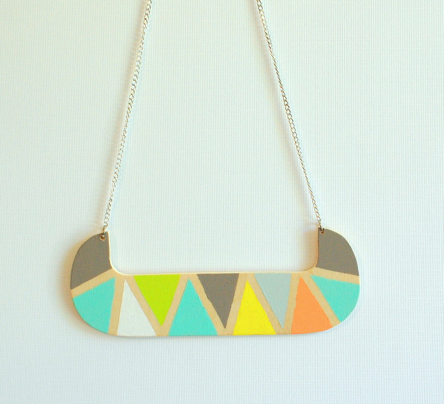 modern tribal triangle pattern wood bib necklace - multi color - statement necklace