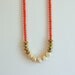 coral, gold, geometric wood beaded necklace - leather cord - modern summer necklace