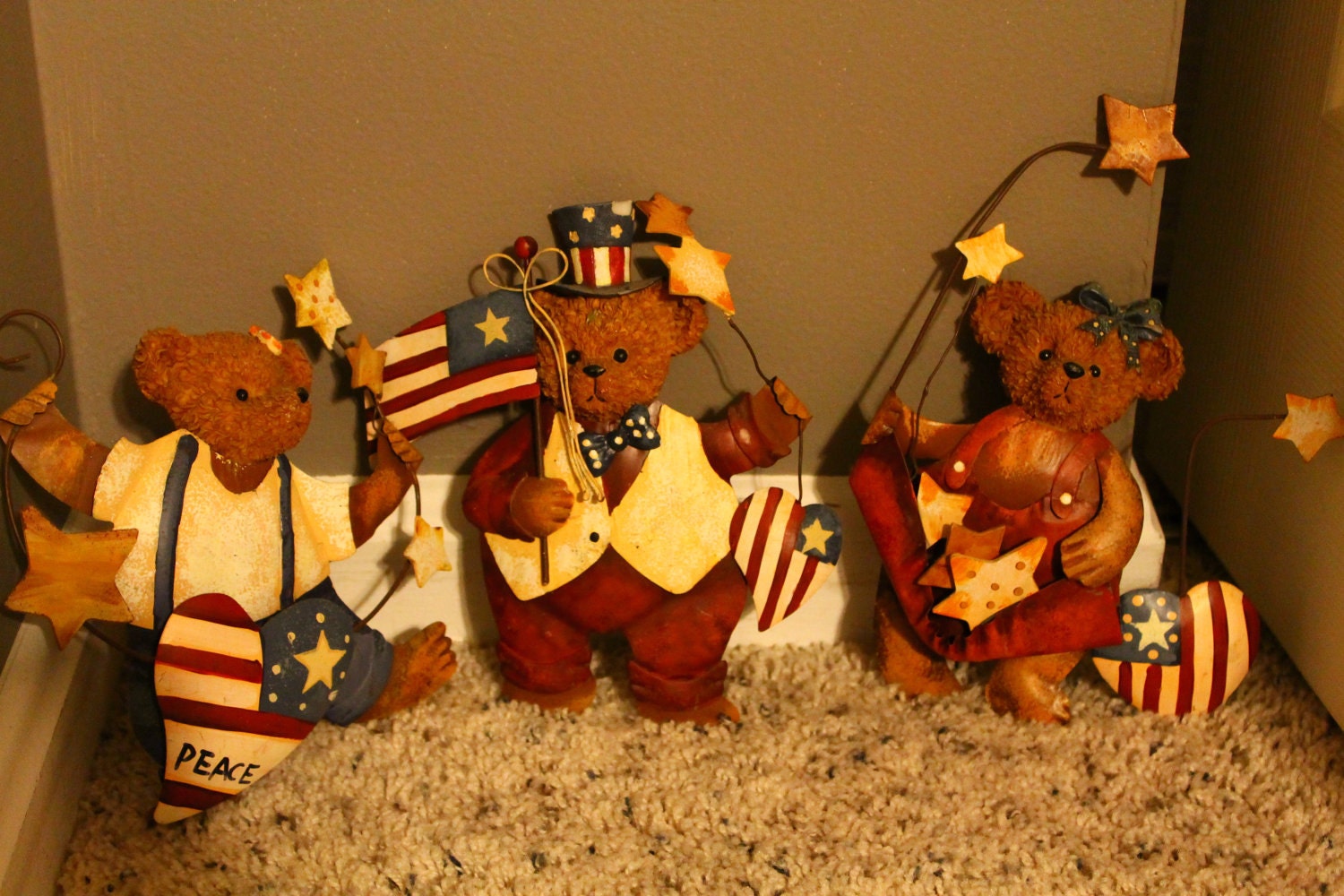 Americana Country Bears Metal Set of 3 memorial day, 4th of July upcycled home decor bathroom nursery bedroom 