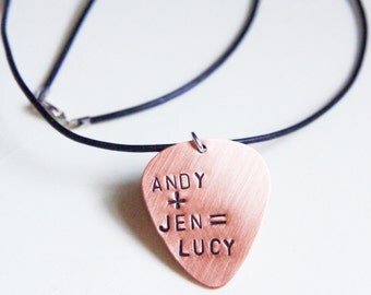 Custom Guitar Pick Necklace - Personalized Hand Stamped Copper Guitar Pick on Leather Cord - Gift for Him Fathers Day Music Lovers Gift