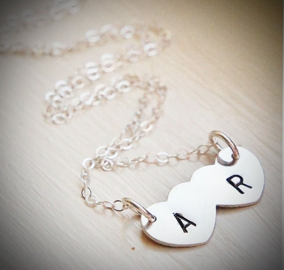 Custom Initial Heart Necklace - Sterling Silver Double Heart Love Necklace - Valentines Day Anniversary Gift