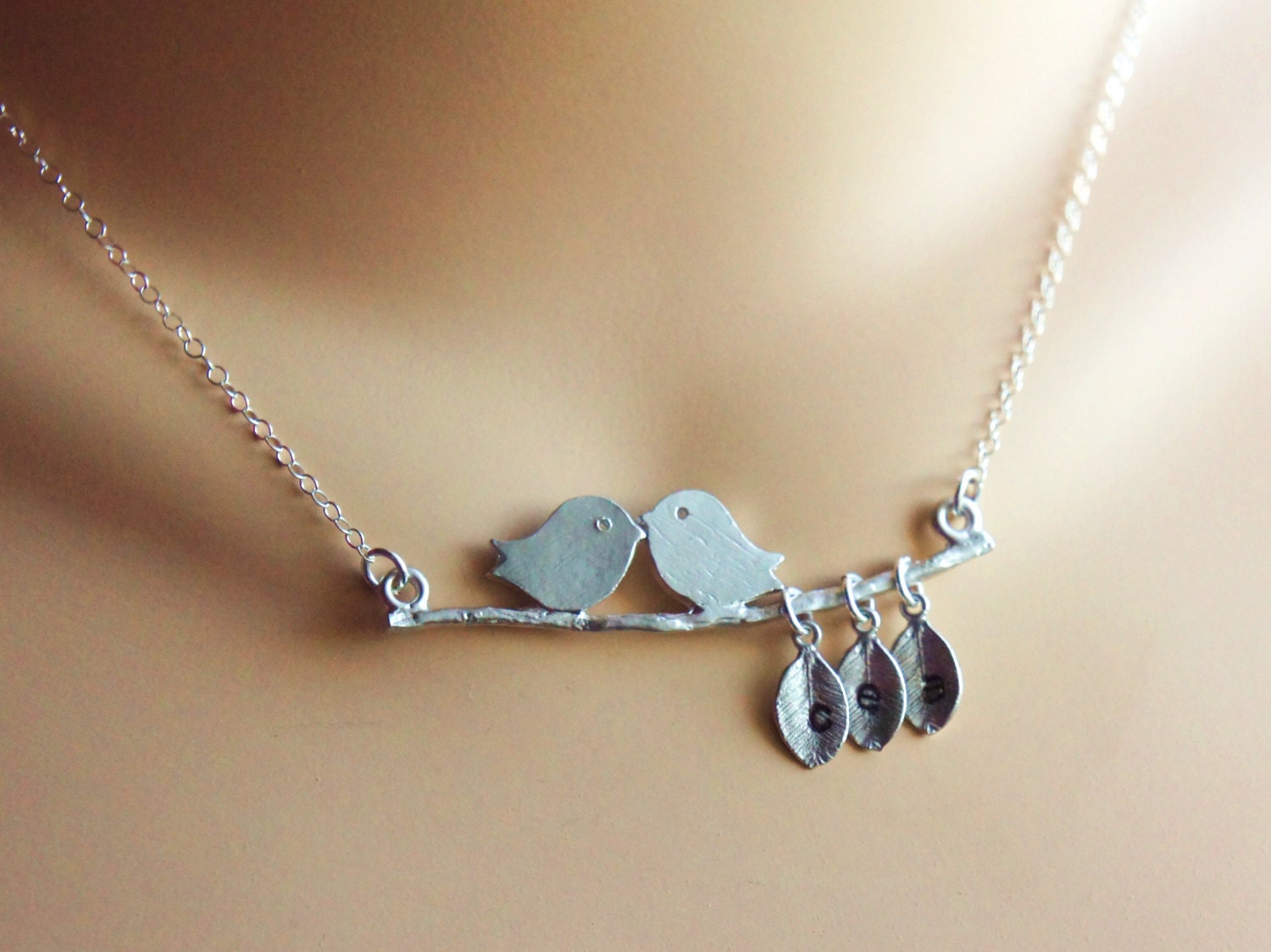 Personalized Mommy's Lovebirds Necklace Hand Stamped Sterling Silver Name Initial Necklace Kissing Birds Branch NecklaceMothers Day