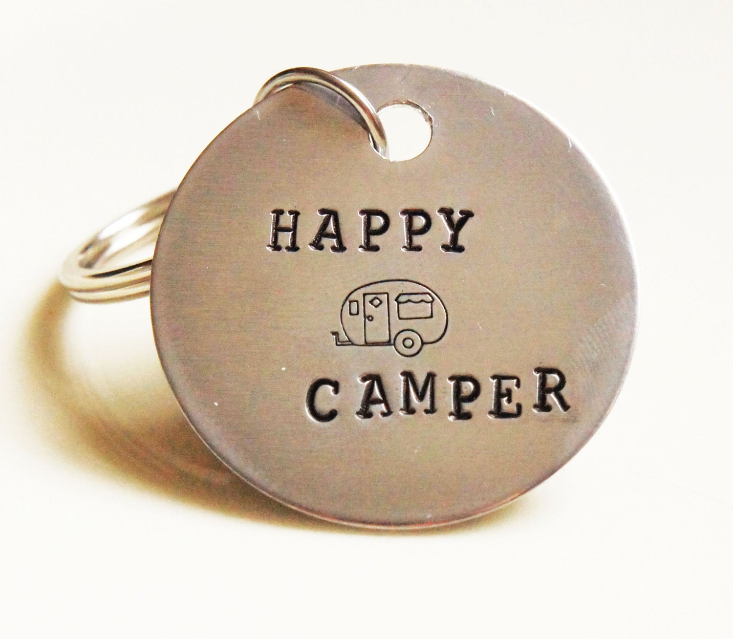 Happy Camper Key Chain Aluminum Hand Stamped Keychain Camping Enthusiast Outdoorsman Gift
