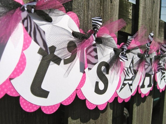 Baby Shower Banner - It's a Girl - Pink Black and Zebra