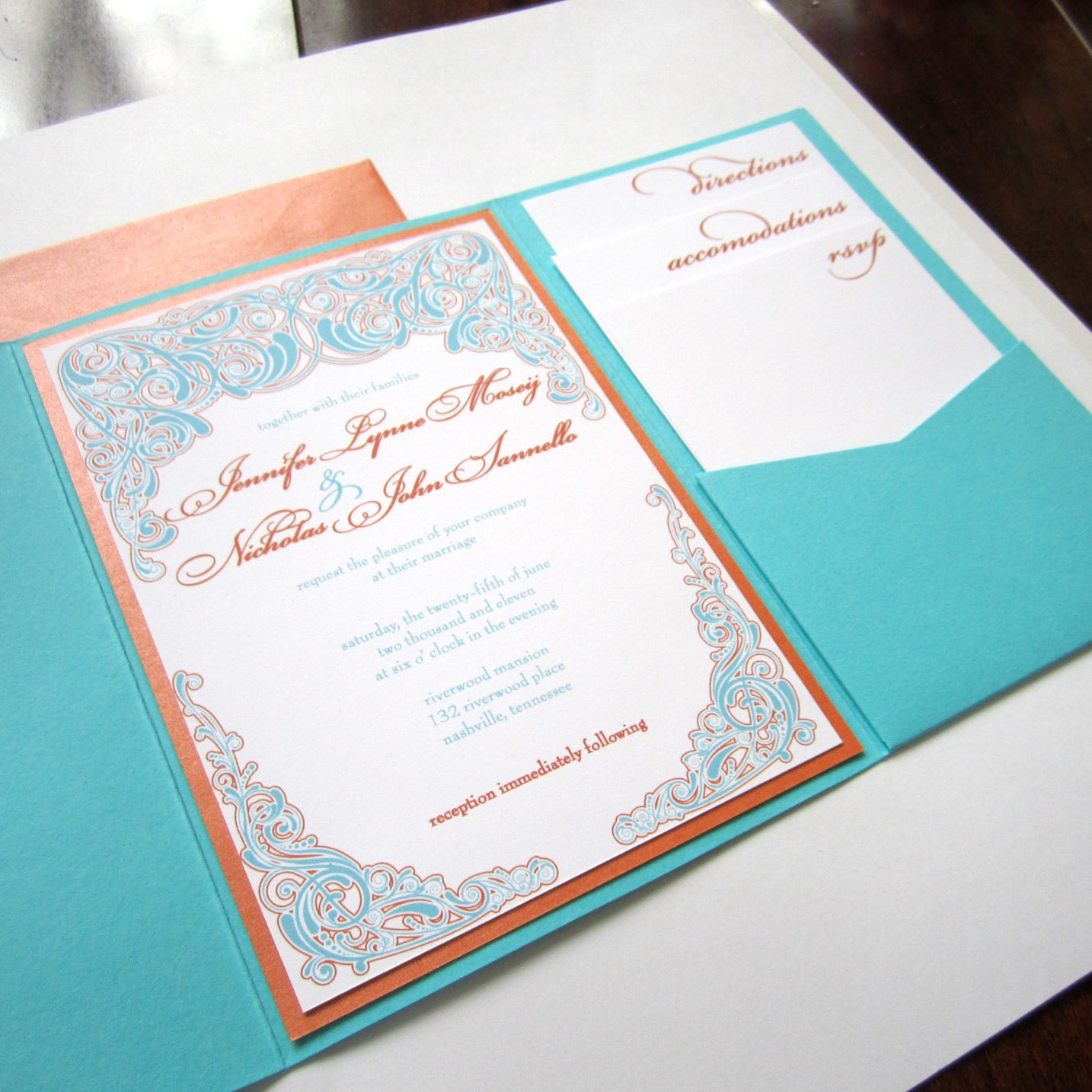 Elegant Modern Teal and Orange Pocketfold Wedding Invitation Set
