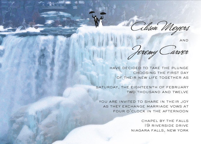 Waterfall Wedding Invitation Suite, Frozen Waterfalls, Niagara Falls with Optional Bride and Groom Silhouette Holding Tight to Umbrellas