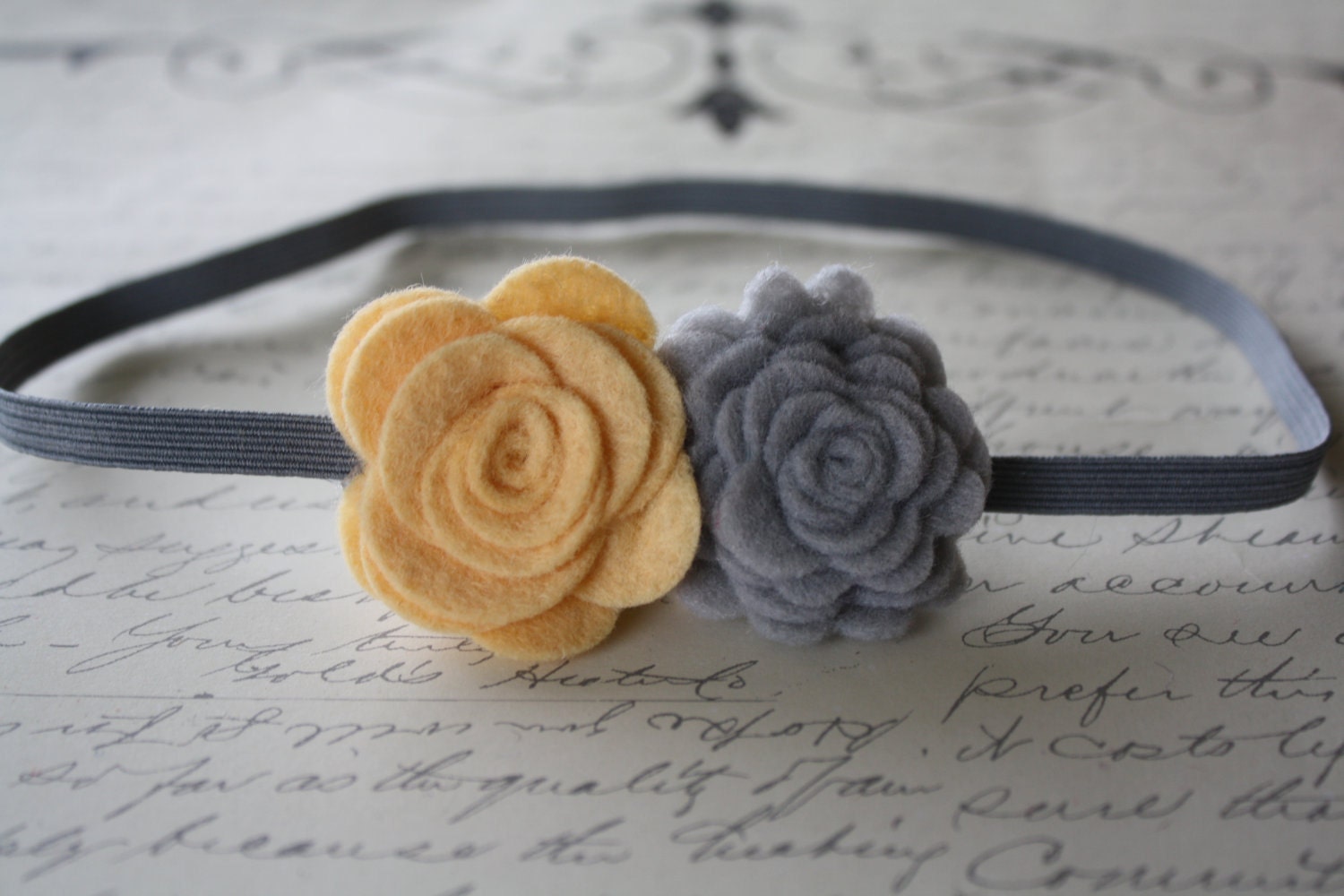Baby Headband Felt Flower Yellow and Gray - Newborn, Infant, Baby, Girl, Womens