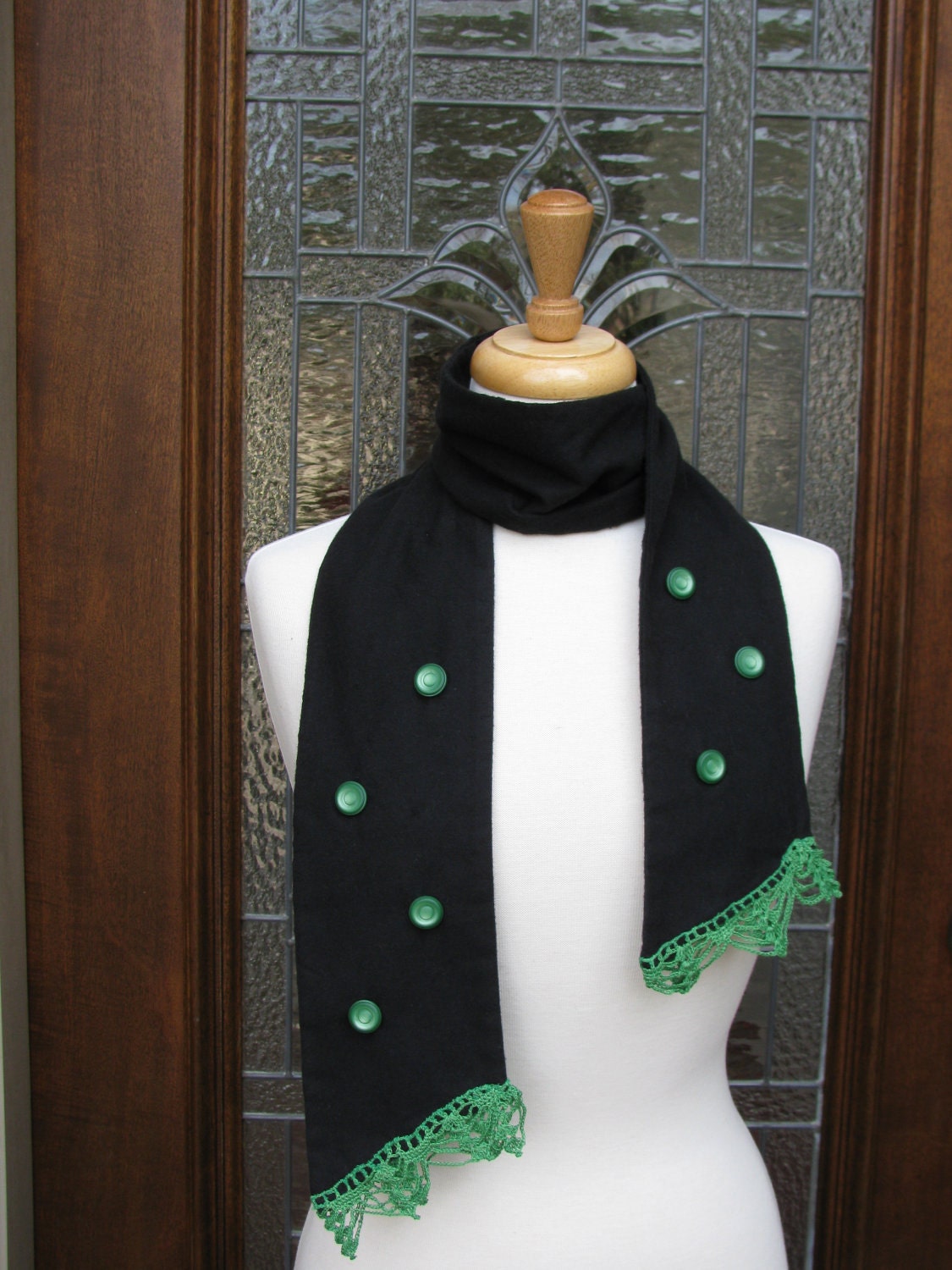 Black Scarf with Vintage Buttons and Crochet Lace