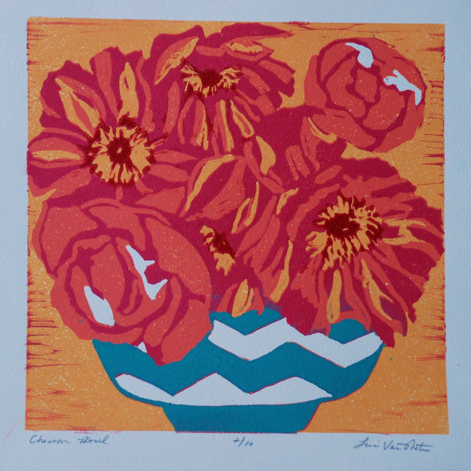 Chevron Bowl, relief, square linocut print