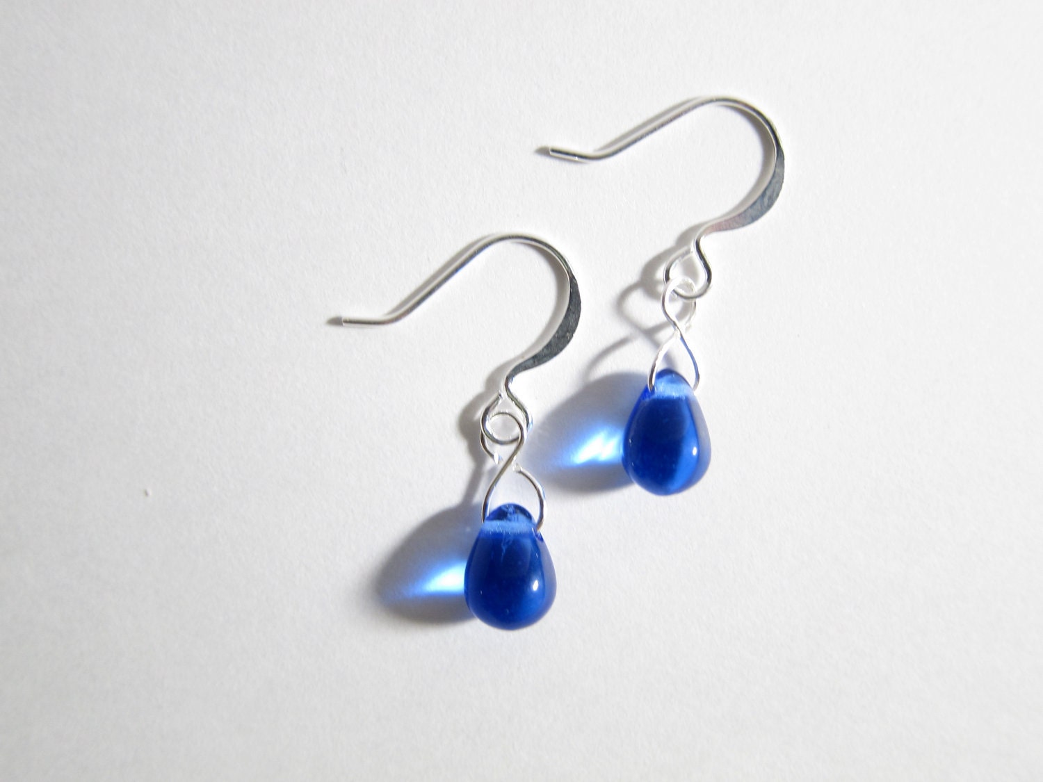 Sapphire Blue Czech Glass Teardrop Dangle Earrings