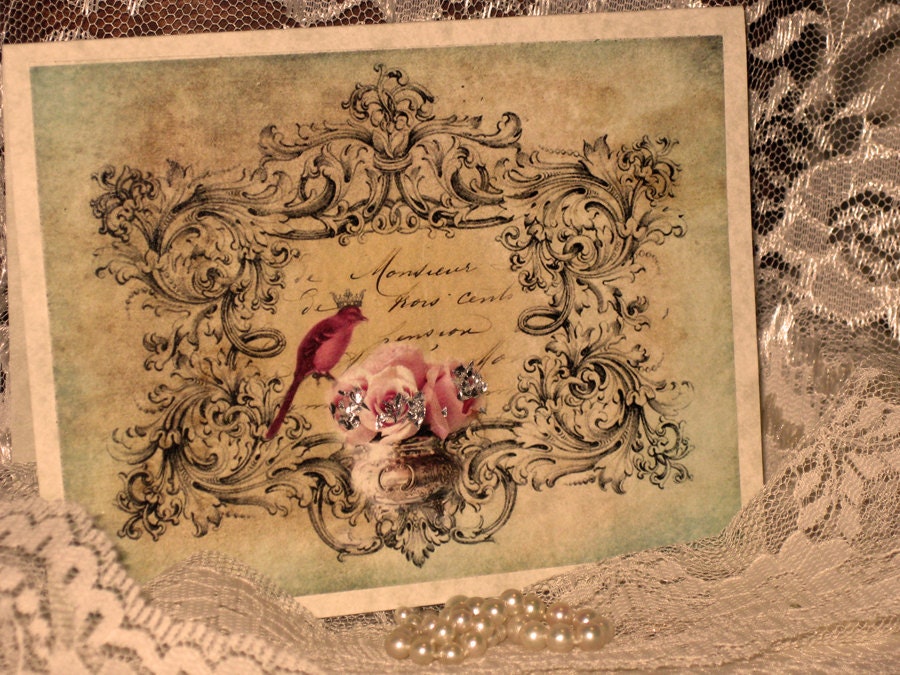 Vintage French Design Handmade Cards Adormed with Bling on Parchment