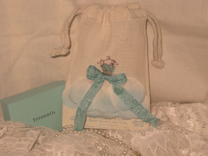 Tiffany and Company Muslin Wedding Shower Party Favor Gift Pouches Adorned Glitz, Seam Binding and Frou Frou ECS