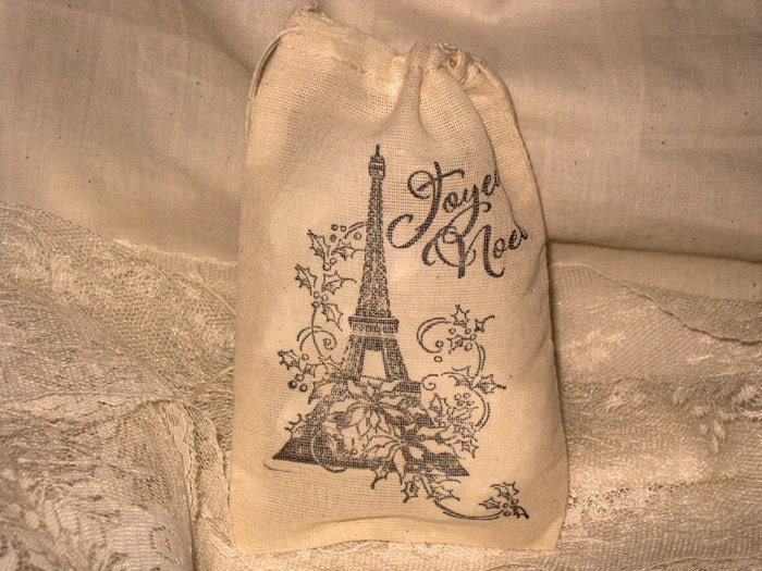 Christmas Collection Muslin Favor Bag Vintage Joyeux Noel Eiffel Tower ECS