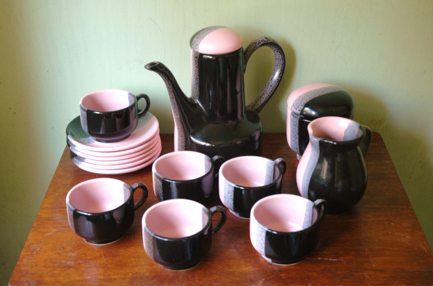 Mid Century Modern Ceramic Tea Set In Pink, Black, And Grey - Bauer Era California Modern Tea Cups and Service