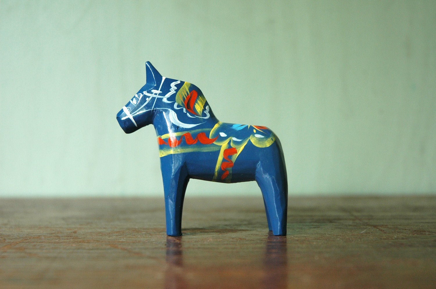 Swedish Dala Horse - Blue Nils Olsson Era Scandinavian Modern Hand Painted Wooden Dala Horse Figurine