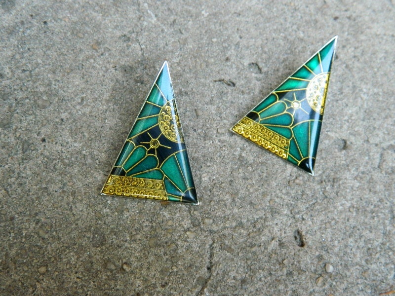 Vintage Unique Resin Earrings Floral Triangles Neo Deco Style