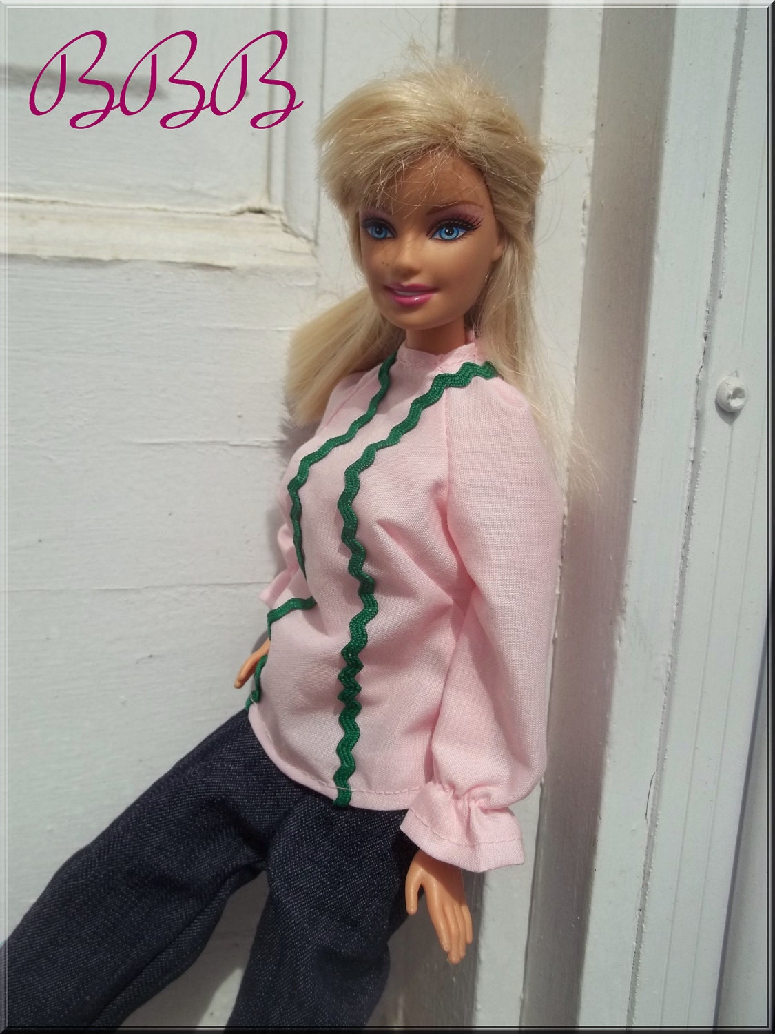 Barbie Clothes Vintage Style Barbie Outfit Pink Blouse Wide Leg Jeans RickRack Trim