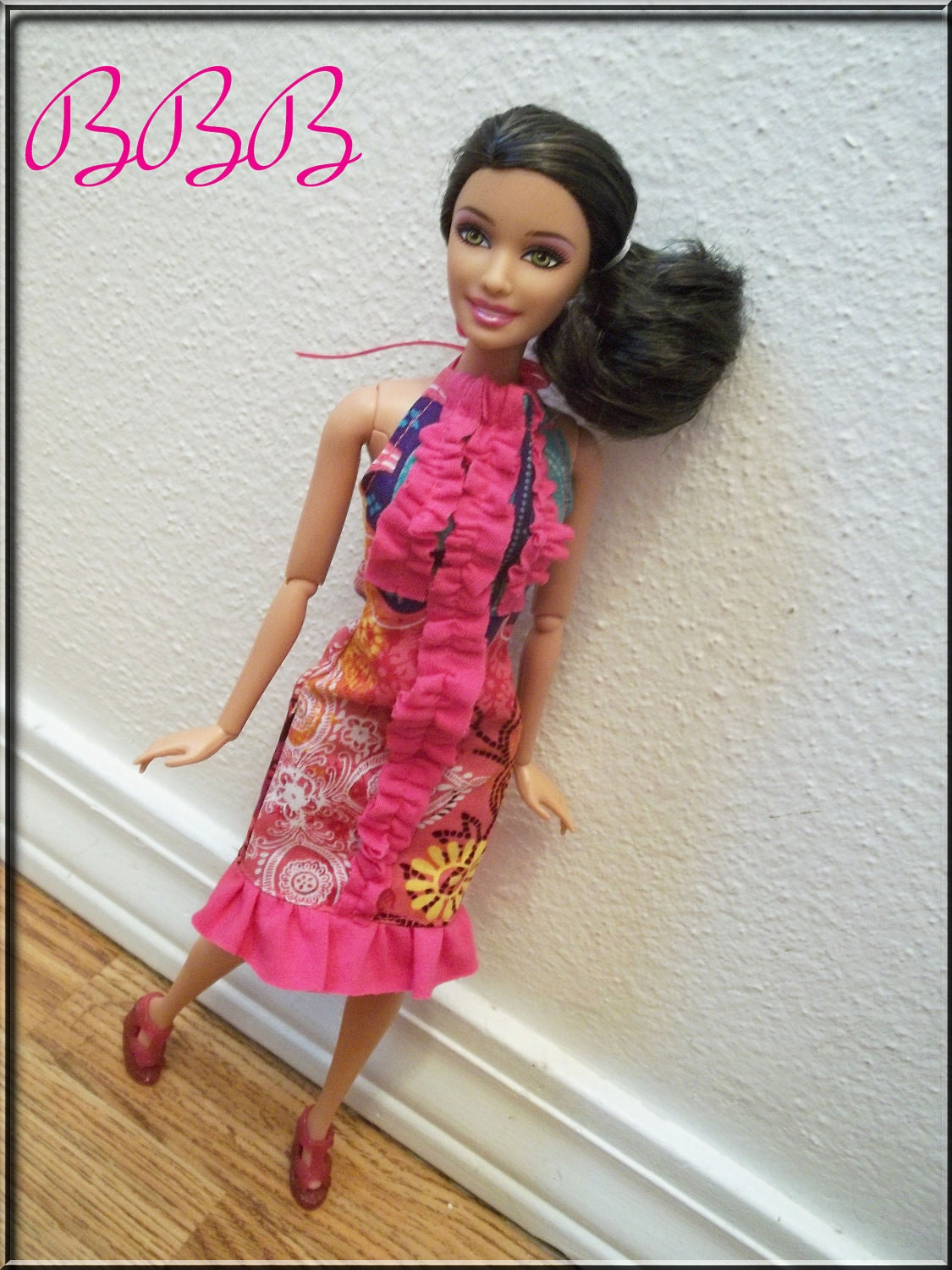 Barbie Clothes Ruffled Halter Dress Pink Floral Bright Summer