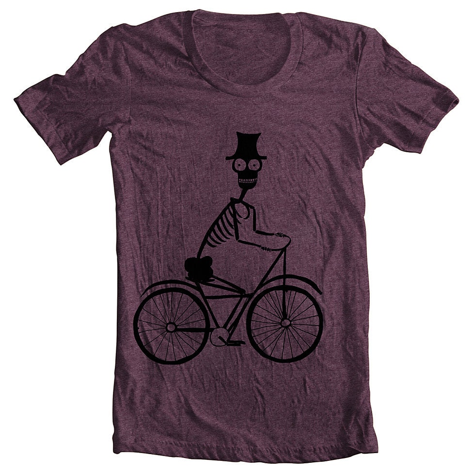 Unisex T Shirt Skeleton Riding a Bike with Top Hat American Apparel Tshirt XS, S, M, L, XL 9 COLORS