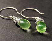 Lime Yellow Elixir Earrings with Silver Wire Wrapped Glass Teardrops. Handmade Jewelry.