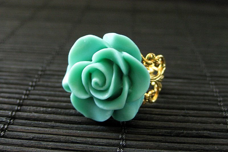 Turquoise Mint Rose Ring with Gold Filigree Adjustable Ring Base. Handmade Jewelry.