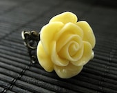 Sunny Yellow Rose Ring with Bronze Filigree Adjustable Ring Base. Flower Jewelry by SOS. Handmade Jewelry.