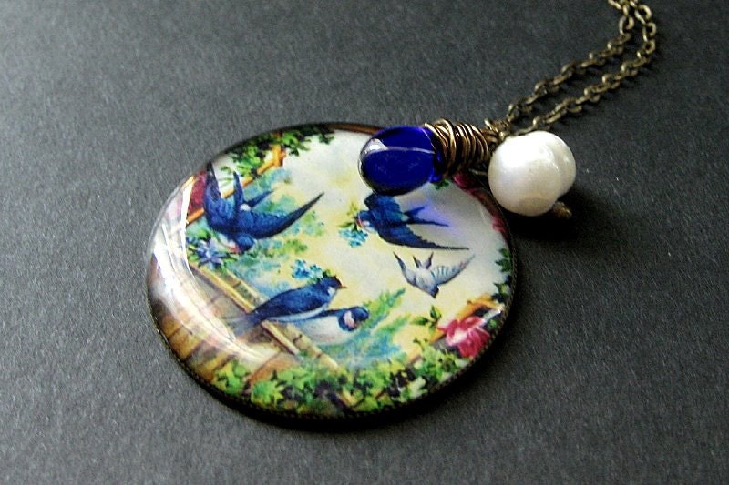 Bluebirds Charm Necklace with Wire Wrapped Cobalt Blue Teardrop and Pearl. Handmade Jewelry.