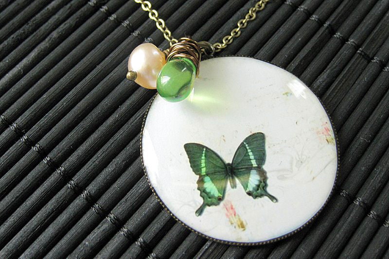 Green Butterfly Necklace in Bronze with Spring Green Wire Wrapped Teardrop and Pearl. Handmade Jewelry.