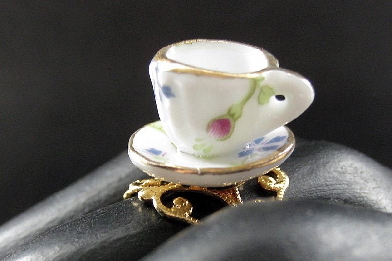 Porcelain Teacup Ring with Pink and Blue Flowers. Gold Filigree Adjustable Ring.. Handmade Jewelry.