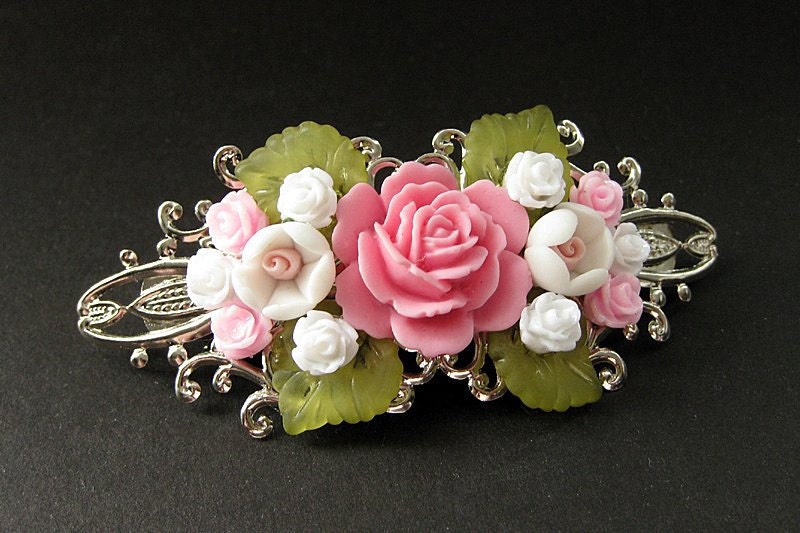 Flower Girl Inspired Rose Hair Clip in Pink and White. Handmade.