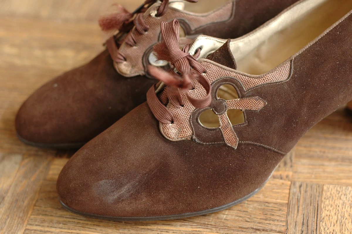 NOS 1930s enna jettick oxfords / 30s brown suede shoes / size 6.5 / size 37