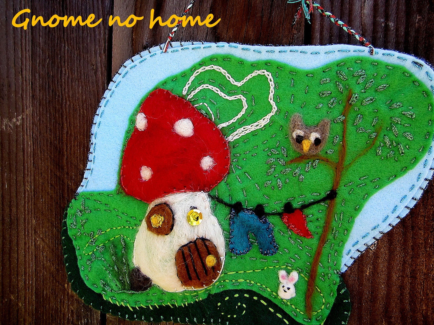 nursery wall art mushroom wall hanging with an owl and bunny woodland house 10" x 7,5"