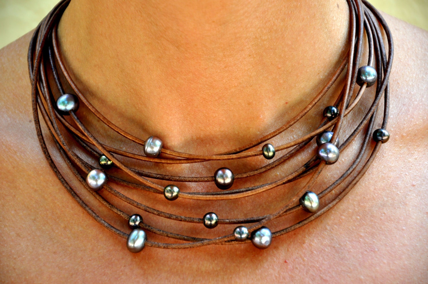 Freshwater Pearls and Leather Necklace - Multi-Strand Brown with Peacock Pearls - Pearl and Leather Jewelry Collection