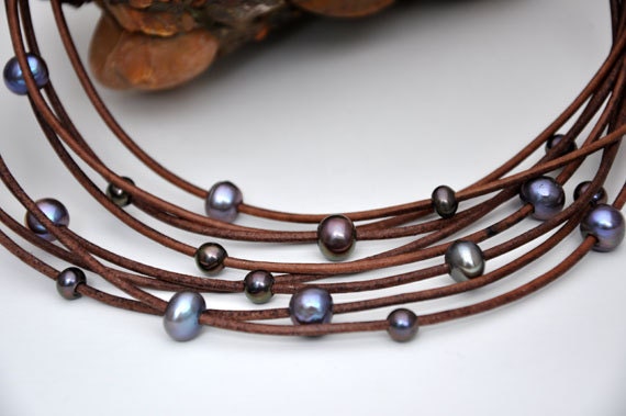 Freshwater Pearls and Leather Necklace - Multi-Strand Brown with Peacock Pearls - Pearl and Leather Jewelry Collection