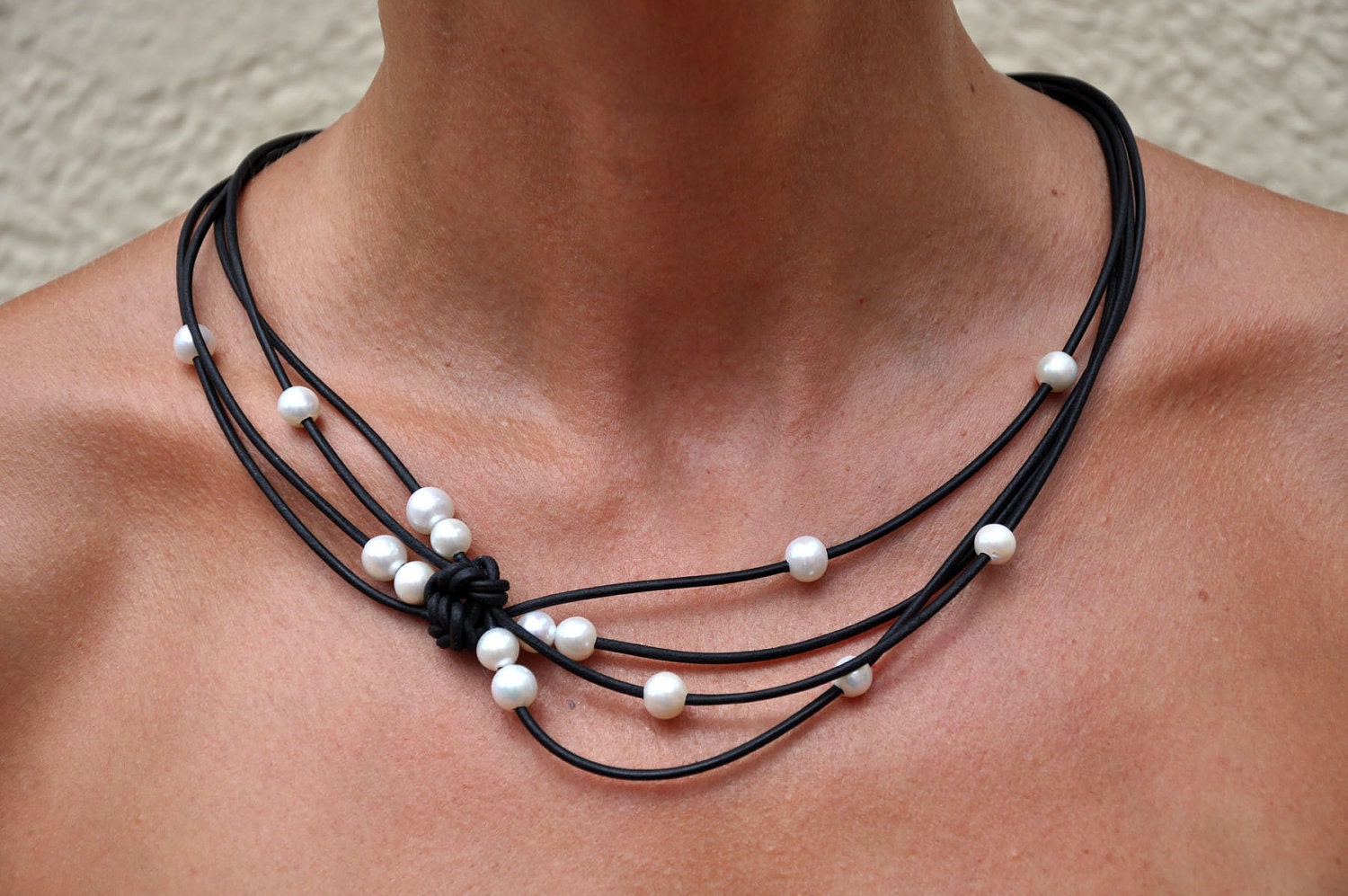 Leather and Pearl Black & White Reef Knot Necklace