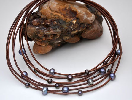 Freshwater Pearls and Leather Necklace - Multi-Strand Brown with Peacock Pearls - Pearl and Leather Jewelry Collection