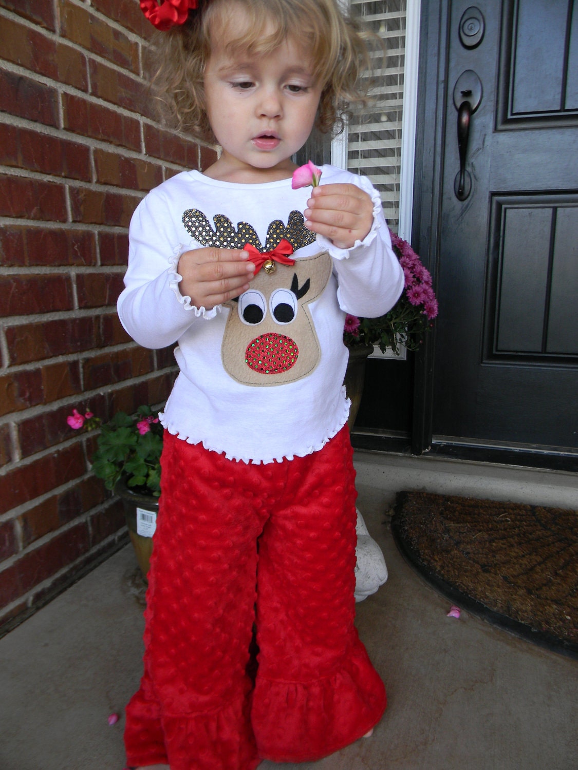 Get ready for Christmas with...Sassy Jingle Reindeer Shirt and Red Minky Pants Outfit. - 6m to 8 yrs - larger sizes available