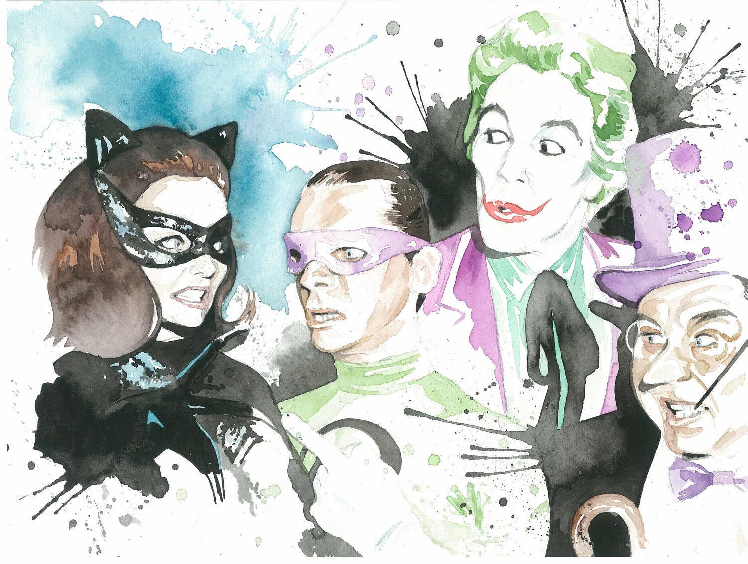 Batman Villains 1966 Watercolor Print  NEW SIZE 11x14